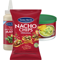 Illustration av Nachochips, dip, toppingsås