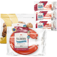 Illustration av Falukorv, Kycklingköttbullar, Bacon