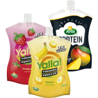 Illustration av Yalla! Yoghurt squeeze och Arla® Protein