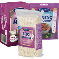 Illustration av Kokosmjölk, Kryddmix Asian/Indian, Äggnudlar