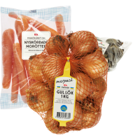 Illustration av Morötter i påse, rödbetor i påse, gul lök i nät