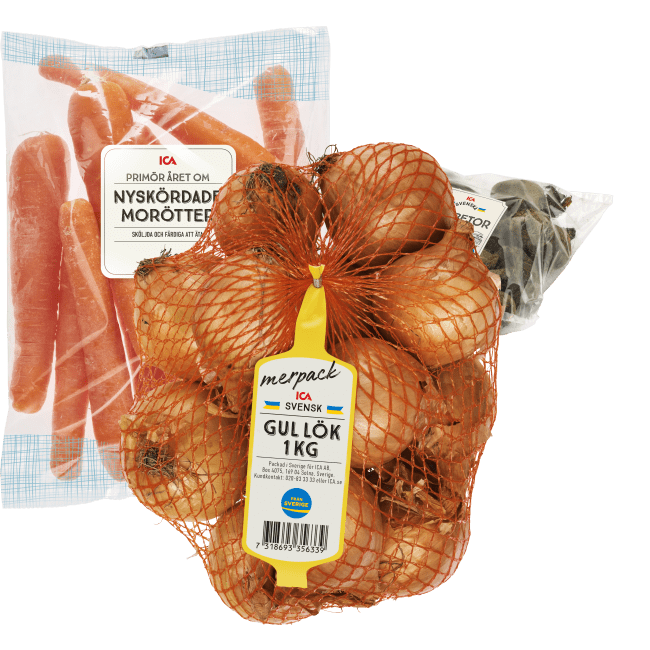 Illustration av Morötter i påse, rödbetor i påse, gul lök i nät