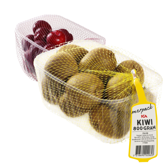 Illustration av Kiwi i korg och Plommon i korg