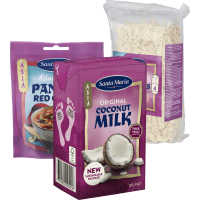 Illustration av Kokosmjölk, Kryddmix Asian/Indian, Äggnudlar