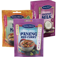 Illustration av Kokosmjölk, Kryddmix Asian/Indian, Äggnudlar