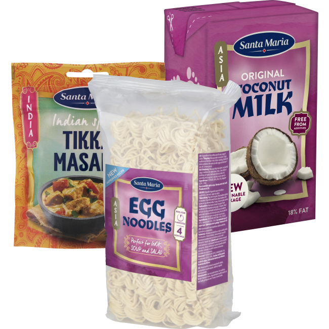 Illustration av Kokosmjölk, Kryddmix, Äggnudlar