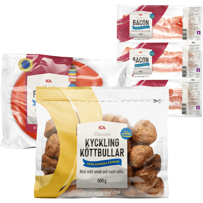 Illustration av Falukorv, Kycklingköttbullar, Bacon