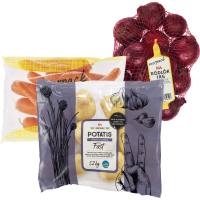 Illustration av Morötter, Rödlök, Potatis