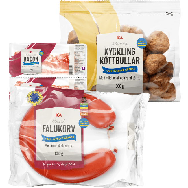 Illustration av Falukorv, Kycklingköttbullar, Bacon