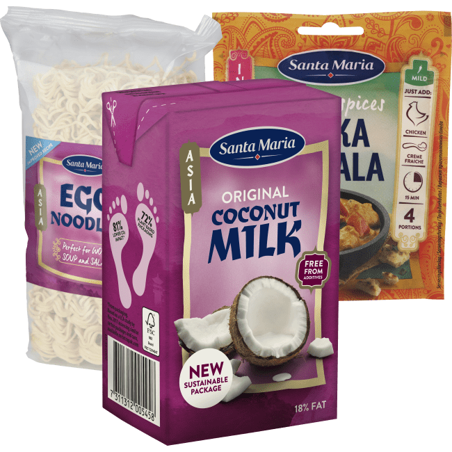 Illustration av Kokosmjölk, Kryddmix, Äggnudlar