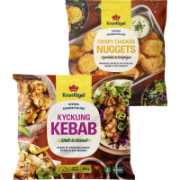 Illustration av Kycklingkebab, nuggets, burgare