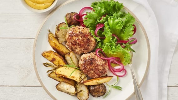 Kalkonfärsbiffar med rosmarinrostade jordärtskockor