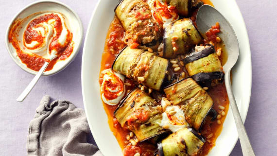 Fylld aubergine med lammfärs och tomat