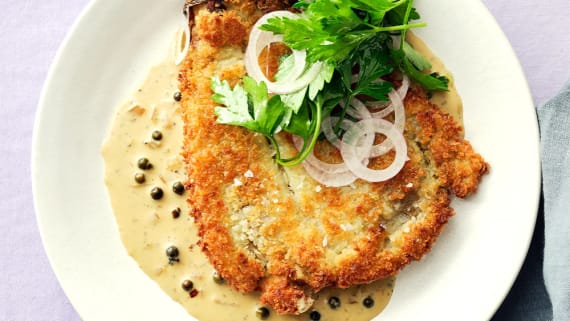 Aubergineschnitzel med grönpepparsås