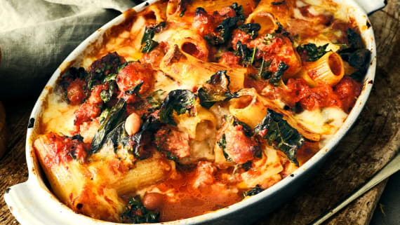 Baked beans med rigatoni och fior di latte