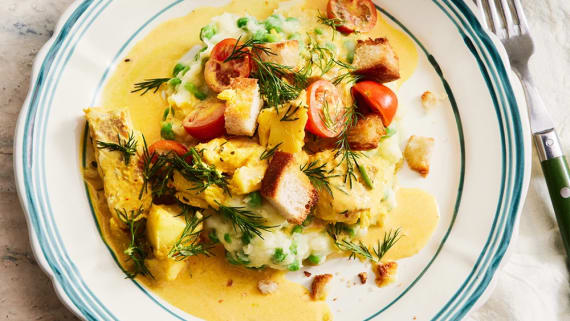 Torskgryta med saffran och ärtstomp