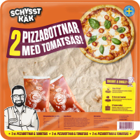 Illustration av 2 Pizzabottnar med Tomatsås