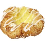 Ett wienerbröd med krämig fyllning i mitten och glasyr.