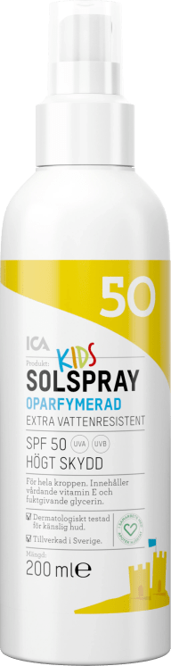 En solsprayflaska för barn med SPF 50 och texten 