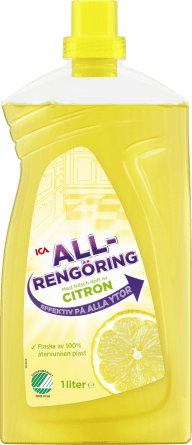 En flaska med rengöringsmedel med citronlukt och text på etiketten.