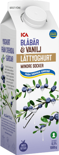 Förpackning innehållande lättyoghurt med smak av blåbär och vanilj