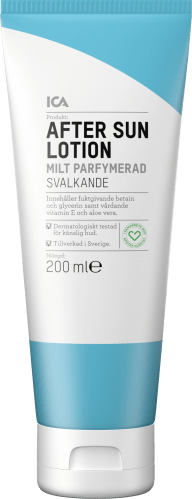 En förpackning med after sun-lotion från ICA visas mot en vit bakgrund.