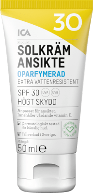 En solkräm för ansiktet i en gul tub med text som anger SPF 30 och hög skyddsfaktor.