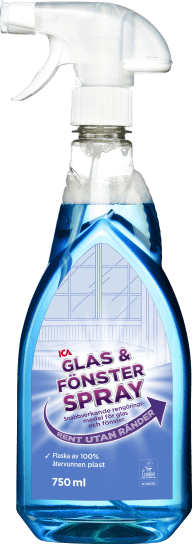 En flaska med spraymunstycke innehåller rengöringsmedel för glas och fönster.
