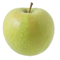 En hel äpple med stjälk på vit bakgrund.