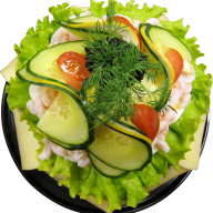 En tallrik med sallad innehållande gurka, tomater, dill och salladsblad.