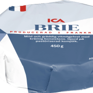 En förpackning med Brie-ost från ICA visas med fransk flagga och produktinformation.
