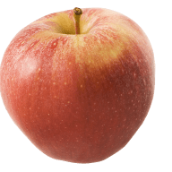 Ett äpple med stjälk och skaft syns mot en vit bakgrund.
