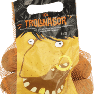 En påse med potatis med en tecknad figur på förpackningen som föreställer ett ansikte med stora ögon och öppen mun.