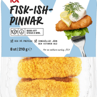 En förpackning med veganska fiskpinnar visas tillsammans med en illustration av en fiskpinne med grönsaker.