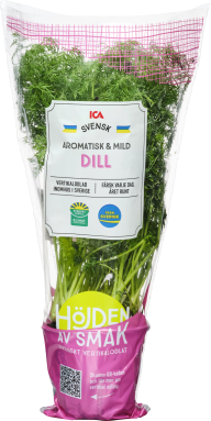 En plastförpackning med färsk dill från ICA visas mot vit bakgrund.