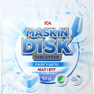 En förpackning med maskindisktabletter från ICA med text om parfymfri produkt och miljömärkning.