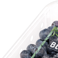 En plastförpackning med blåbär och en etikett som visar varumärket 