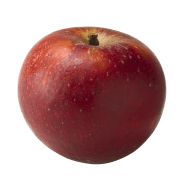En hel äpple med stjälk på vit bakgrund.