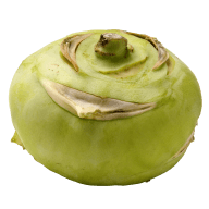 En kohlrabi med blad och stjälk syns mot en vit bakgrund.