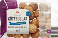 En förpackning med köttbullar från ICA visas med produktinformation och några synliga köttbullar.