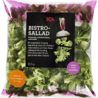 En förpackning med sallad visas med etikett som anger 