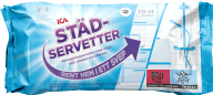 En förpackning med städservetter från ICA visas med produktinformation och varningsikoner.