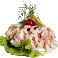 Räkmacka gjort på ljust bröd, sallad, ägg, majonnäs & räkor. Dekorerad med tomat, citron & dill.
