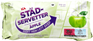 En förpackning med servetter med äppeldoft från ICA visas bredvid en avbildad frukt.