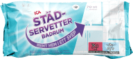 En förpackning med städservetter för badrum från ICA visas mot en ljus bakgrund.