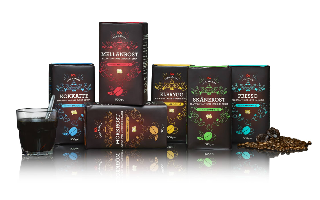 Kaffeförpackningar från ICAs egna kaffesortiment.