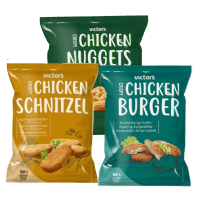 Illustration av Victors Kyckling Burgare / Nuggets / Schnitzel