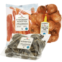 Illustration av Morötter i påse, rödbetor i påse, gul lök i nät