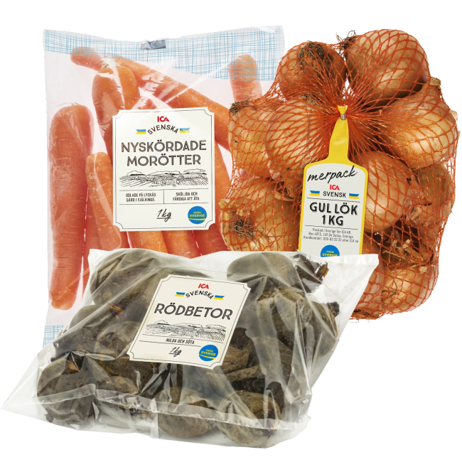 Illustration av Morötter i påse, rödbetor i påse, gul lök i nät