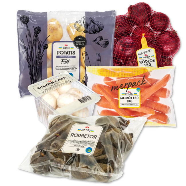 Illustration av Morötter, Rödlök, Champinjoner, Potatis, Rödbetor
